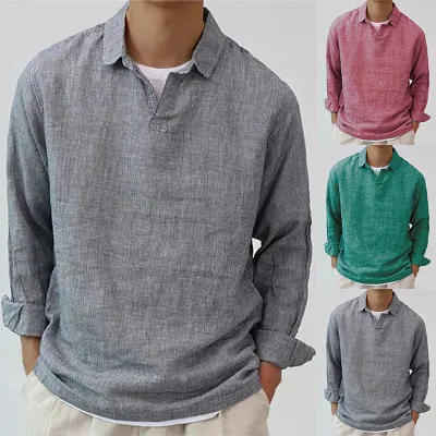 New Fashion Men's Pullover Shirt Solid Color Long Sleeve Lapel Oversize Casual Top Tee Summer Clothing For Men Shirts