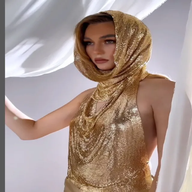 Back Slit Metal Sequins Top Scarf Two piece Set Gold - Shop at LoveMi