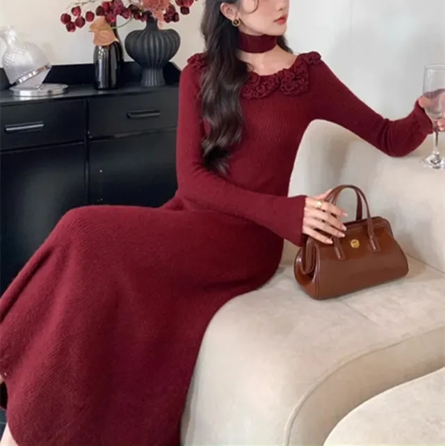 Classic Style French Style Flower Sweater Women's Autumn And Winter Dress Wine - Shop at LoveMi
