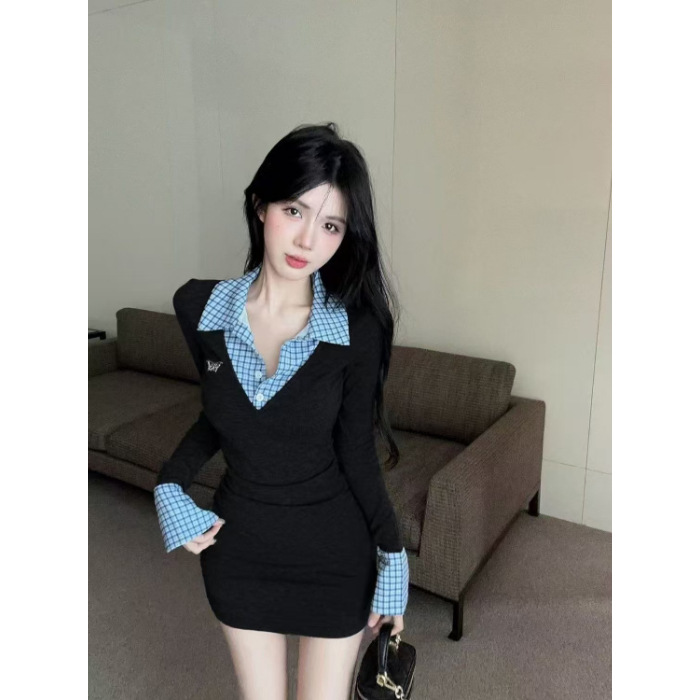 Patchwork Fake Two piece Waist cinching Slim fit Pleated Peplum Short Dress Black - Shop at LoveMi