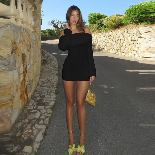 Women's Autumn And Winter Boat Collar Off the shoulder Long Sleeve Pure Color Tight Hip Dress Black - Shop at LoveMi