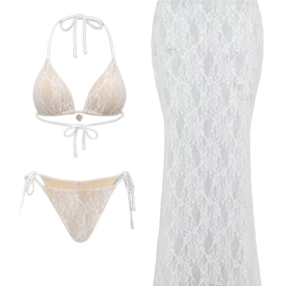 Womens Sexy Lace Hollow-Out Three-Piece Beach Set