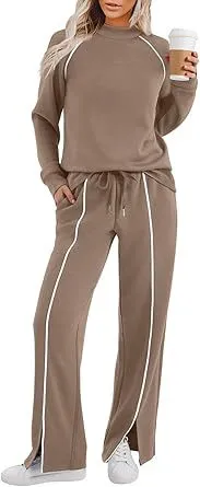 Round Neck Long Sleeve Stretch Leg Slit Casual Sweatshirt Outfit Khaki - Shop at LoveMi