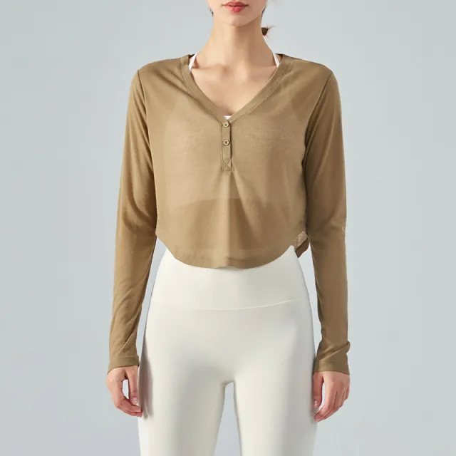 Loose V neck Yoga Blouse Long Sleeve T shirt Casual Draping Effect Kaki Brown - Shop at LoveMi