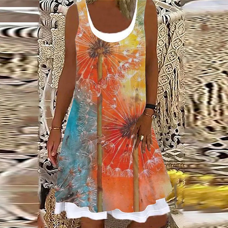 New Women's Loose Fashion 3D Digital Printing Fake Two-piece Imitation Denim Dress