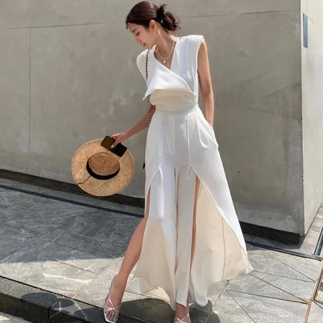 Women's Fashion V neck Sleeveless Chic Split Jumpsuit Beige - Shop at LoveMi