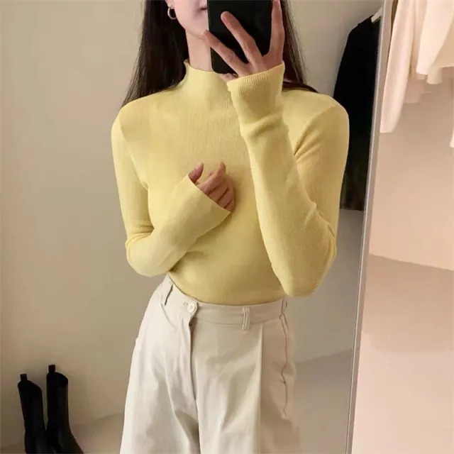 Women's Half High Necked Knitted Bottom Sweater Yellow - Shop at LoveMi
