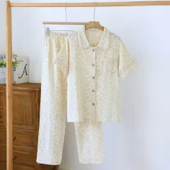 Washed Cotton Double-layer Gauze Short-sleeved Trousers Casual Loose Outfit - Flower Sea - View 1