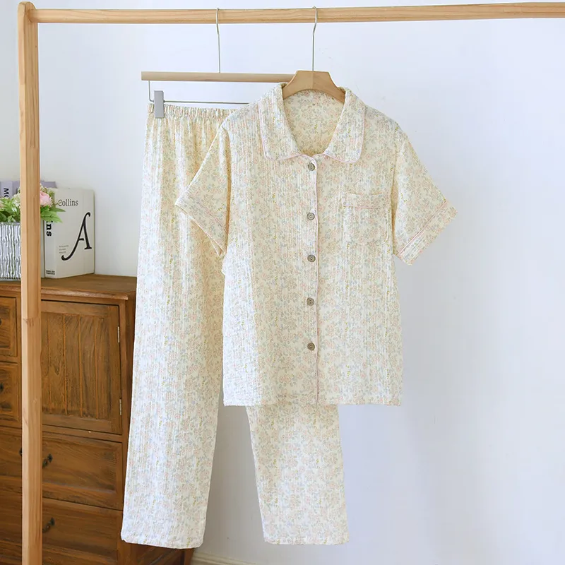 Washed Cotton Double-layer Gauze Short-sleeved Trousers Casual Loose Outfit - Flower Sea