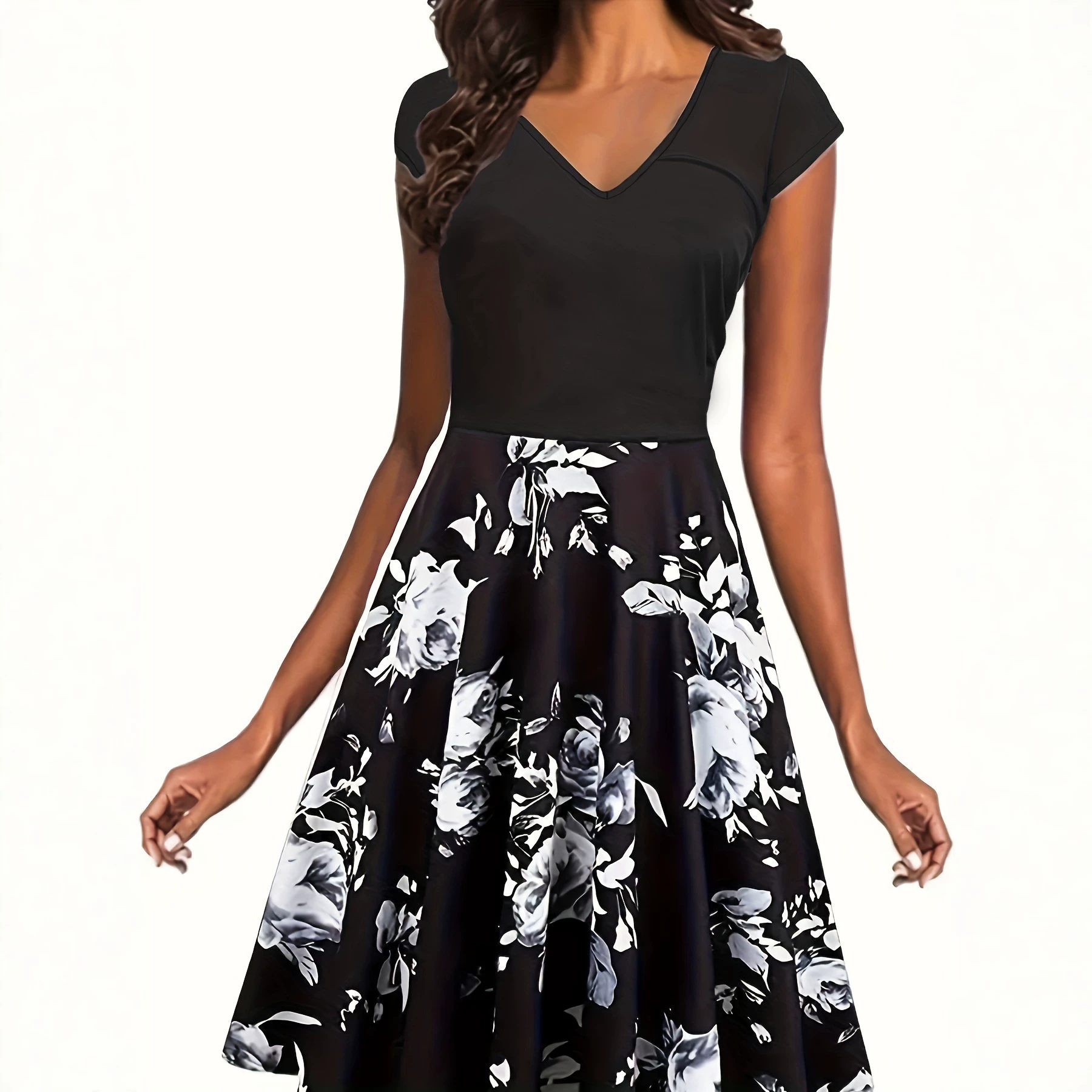 Womens Floral Print Elastic-Waist Dress