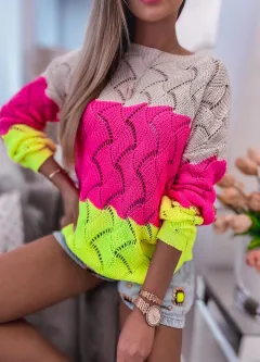 Off-neck Three-colour Stitching Wave Long Sleeve Women's Sweater - View 1