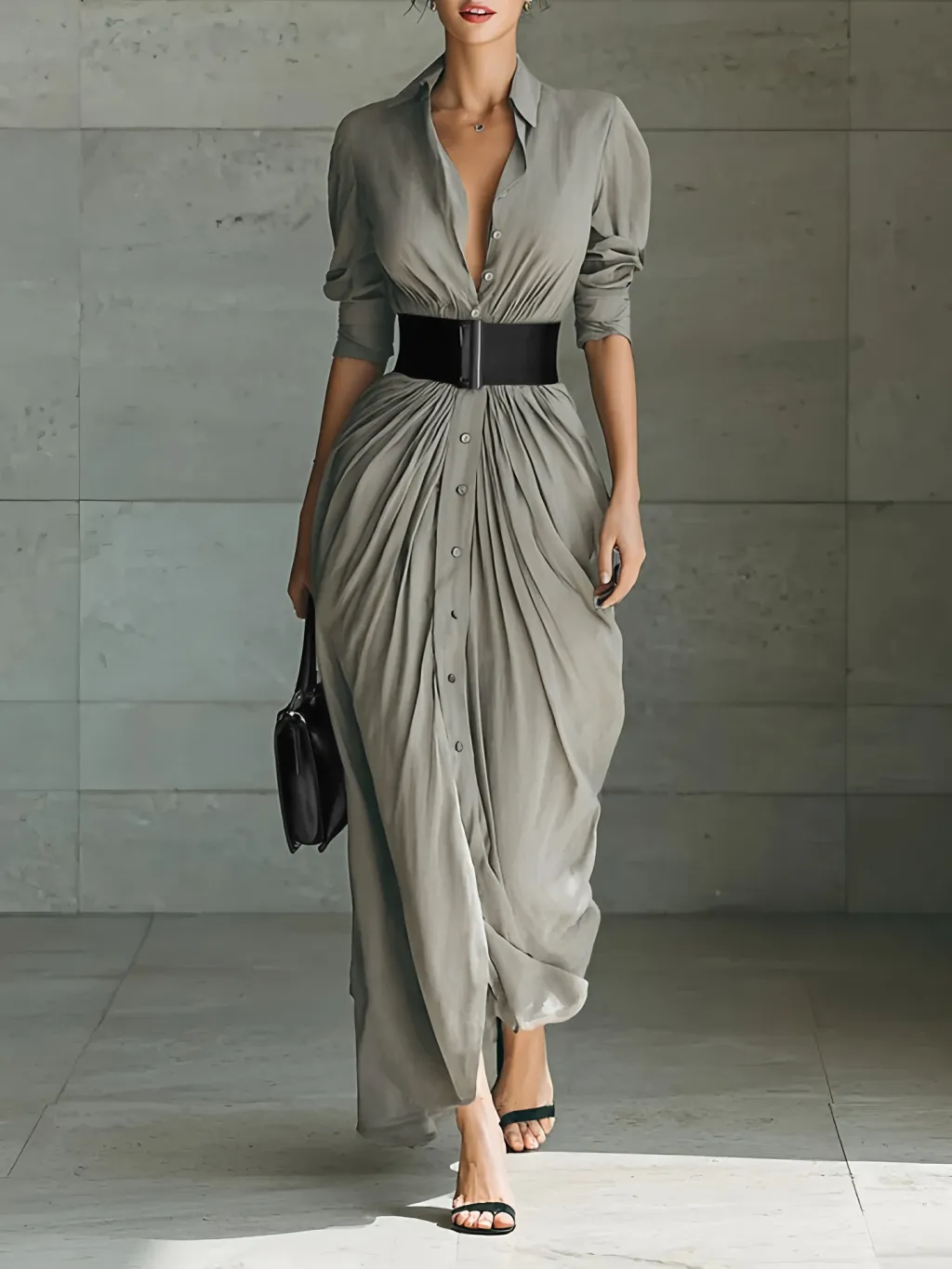 Fashionable Elegant Lapel Breasted Shirt Dress With Belt - Grey