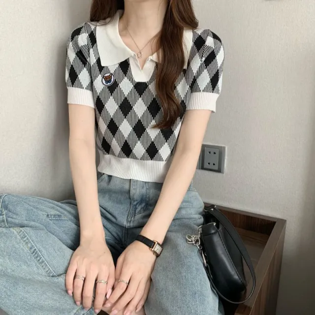 Polo Collar Ice Silk Knitted Short Sleeve T shirt Black - Shop at LoveMi