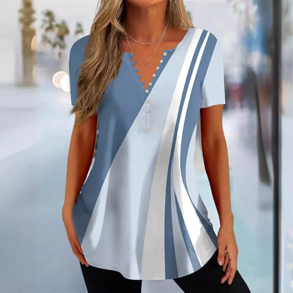 Summer Women's Button Geometric Print Casual Top - 3Style-4Xl