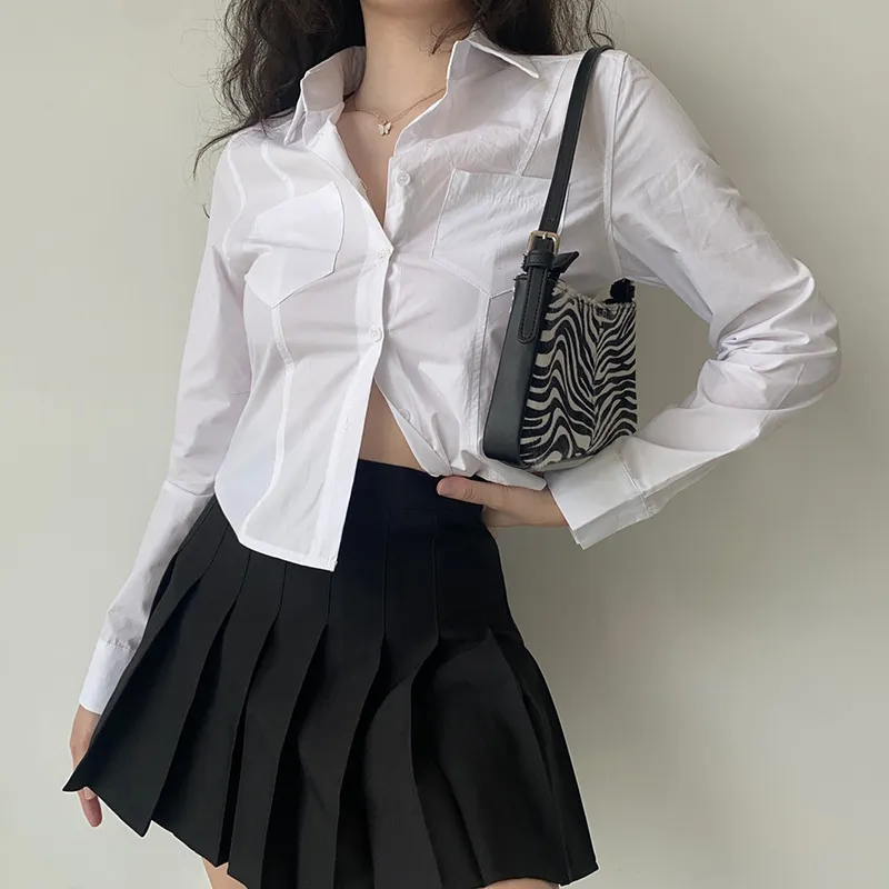 Women's Spring-Summer Top Lapel Long Sleeve White Shirt - White