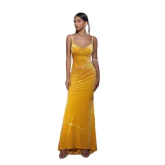 Sexy Slip Velvet Sequin Long Evening Dress - N90092 Yellow - View 1