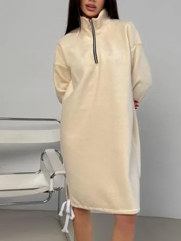 High-neck Half-zip Sweatshirt Dress Warm Fleece Skirt - Beige