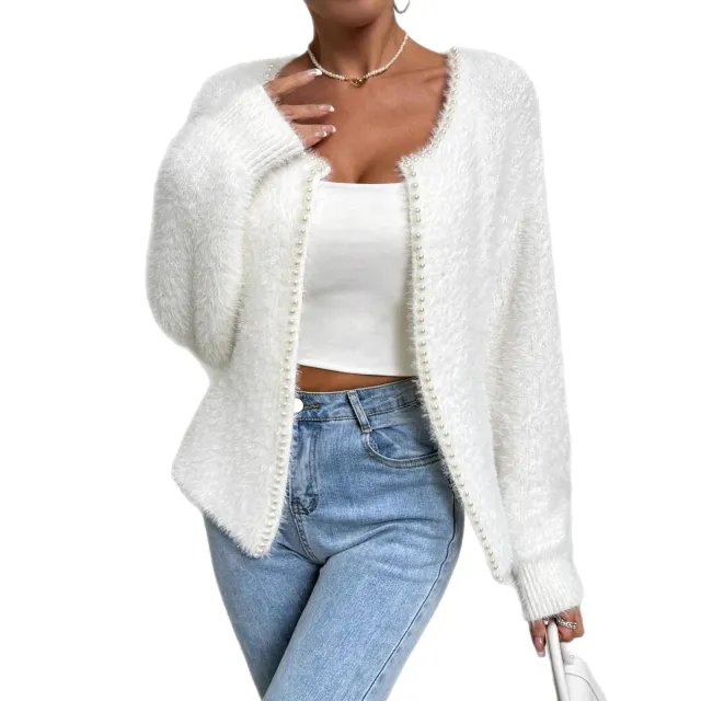 Women's Elegant Cardigan Sweater Solid Color And V neck Fashion Bead Knitwear Coat White - Shop at LoveMi