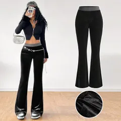Women's Simple Korean Velvet Casual Pants High-Waisted Slim Fit Elastic Waist Wide-Leg Trousers For AutumnWinter - Black - View 1