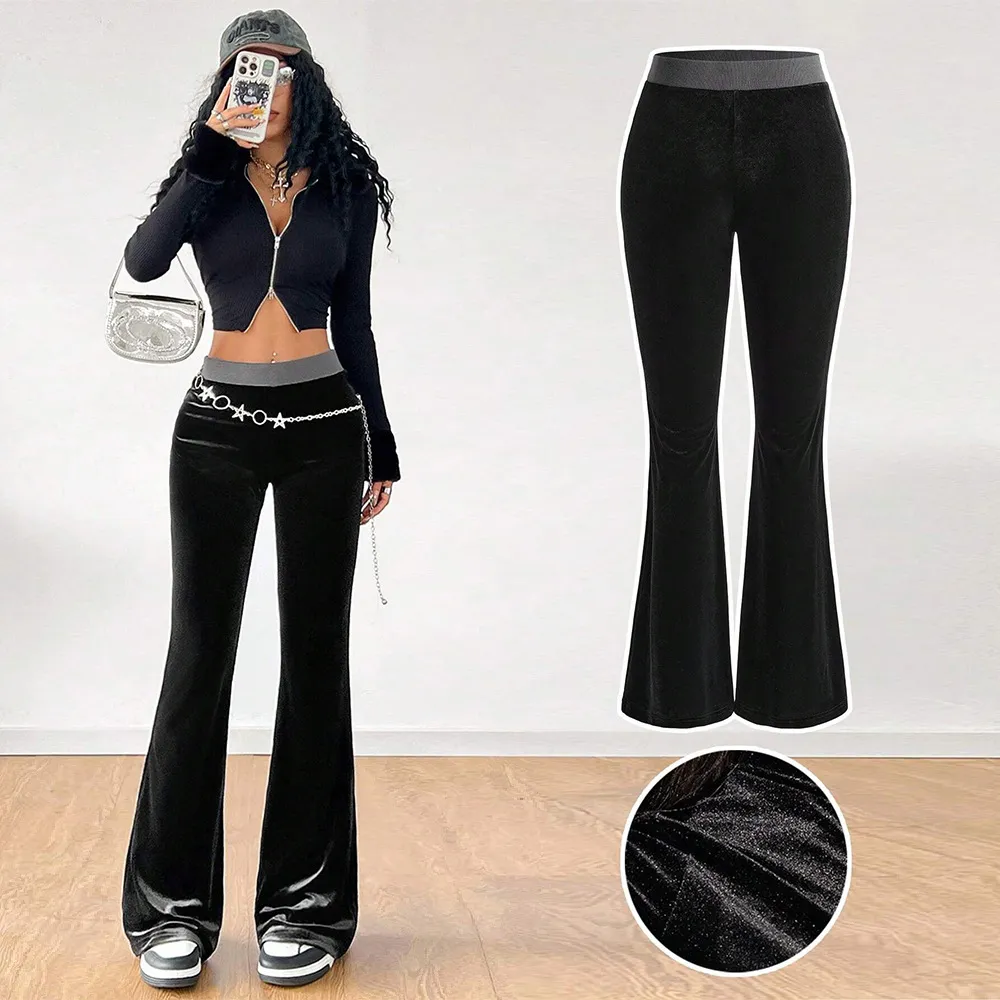 Women's Simple Korean Velvet Casual Pants High-Waisted Slim Fit Elastic Waist Wide-Leg Trousers For AutumnWinter - Black