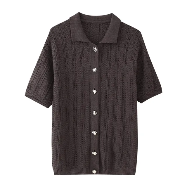 Fashion Texture Knitted Slim Straight Lapel Short Sleeve Trousers Top M - Shop at LoveMi