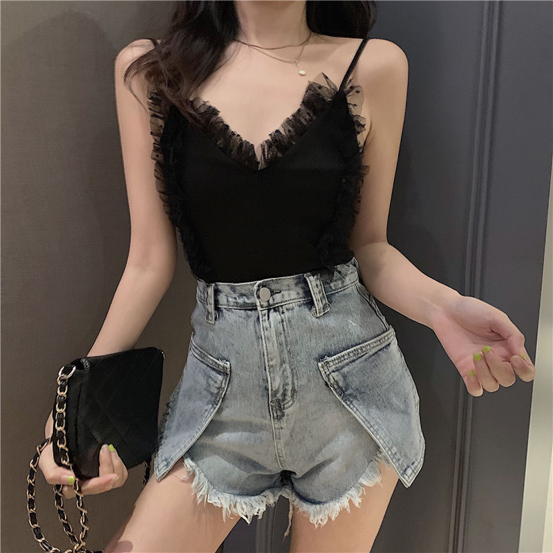 Scheming Mesh Stitching Collar Small Sling Vest Ladies Bra Summer New Outdoor Bottoming Sleeveless Lace Top Short