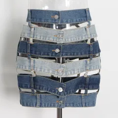 Sexy Color Contrast Patchwork Hollow Out Buckle A- Line Skirt - Blue - View 1