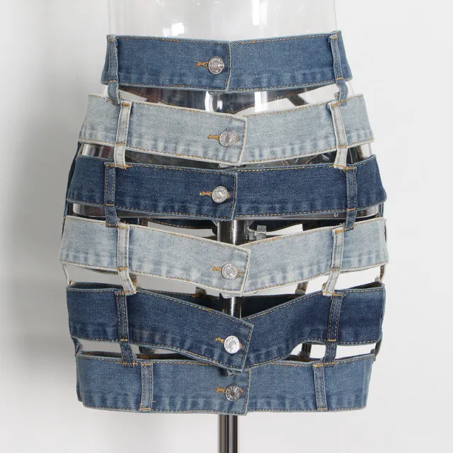 Sexy Color Contrast Patchwork Hollow Out Buckle A Line Skirt Blue - Shop at LoveMi