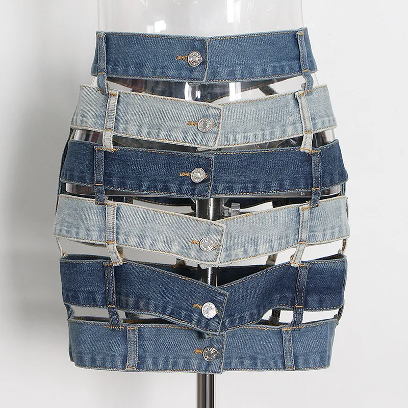 Sexy Color Contrast Patchwork Hollow Out Buckle A- Line Skirt - Blue