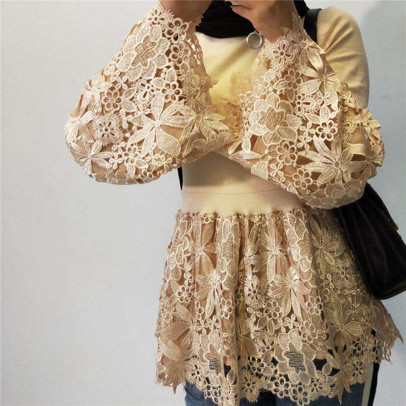 European And American Fashion Plus Size Bell Sleeve Lace Shirt Patchwork Stand up Collar Short Top For Women Khaki - Shop at LoveMi