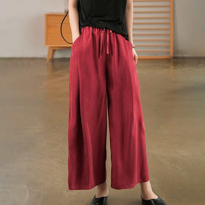 Cuprammonuium Summer New Ice Refreshing Tied Elastic Waist Loose Elegant Casual Pants Wine - Shop at LoveMi