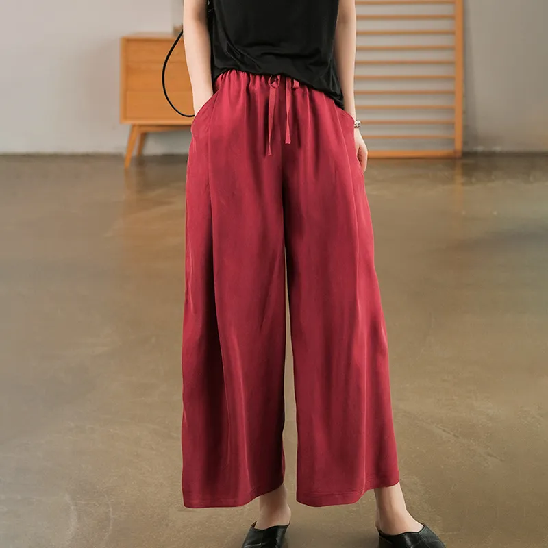 Cuprammonuium Summer New Ice Refreshing Tied Elastic Waist Loose Elegant Casual Pants - Wine