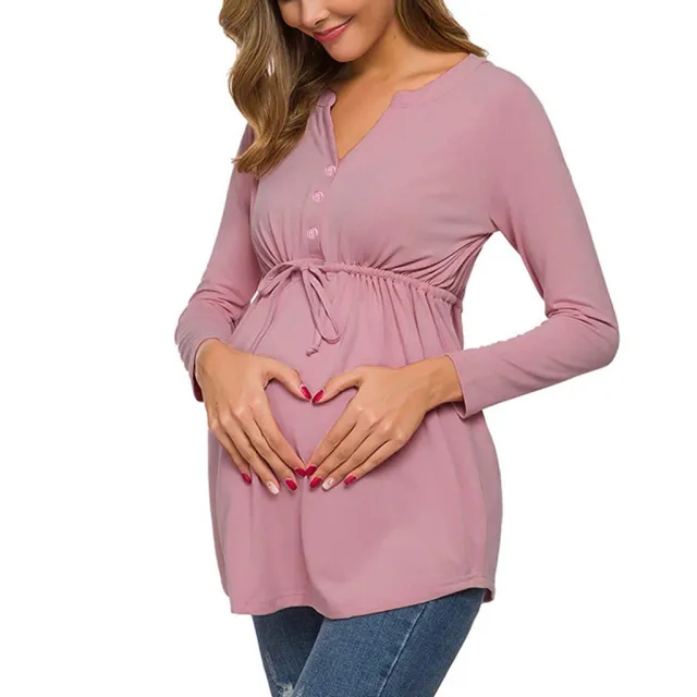 Autumn And Winter Long Sleeve V neck Solid Color Girdle Lace up Nursing Shirt Pink - Shop at LoveMi