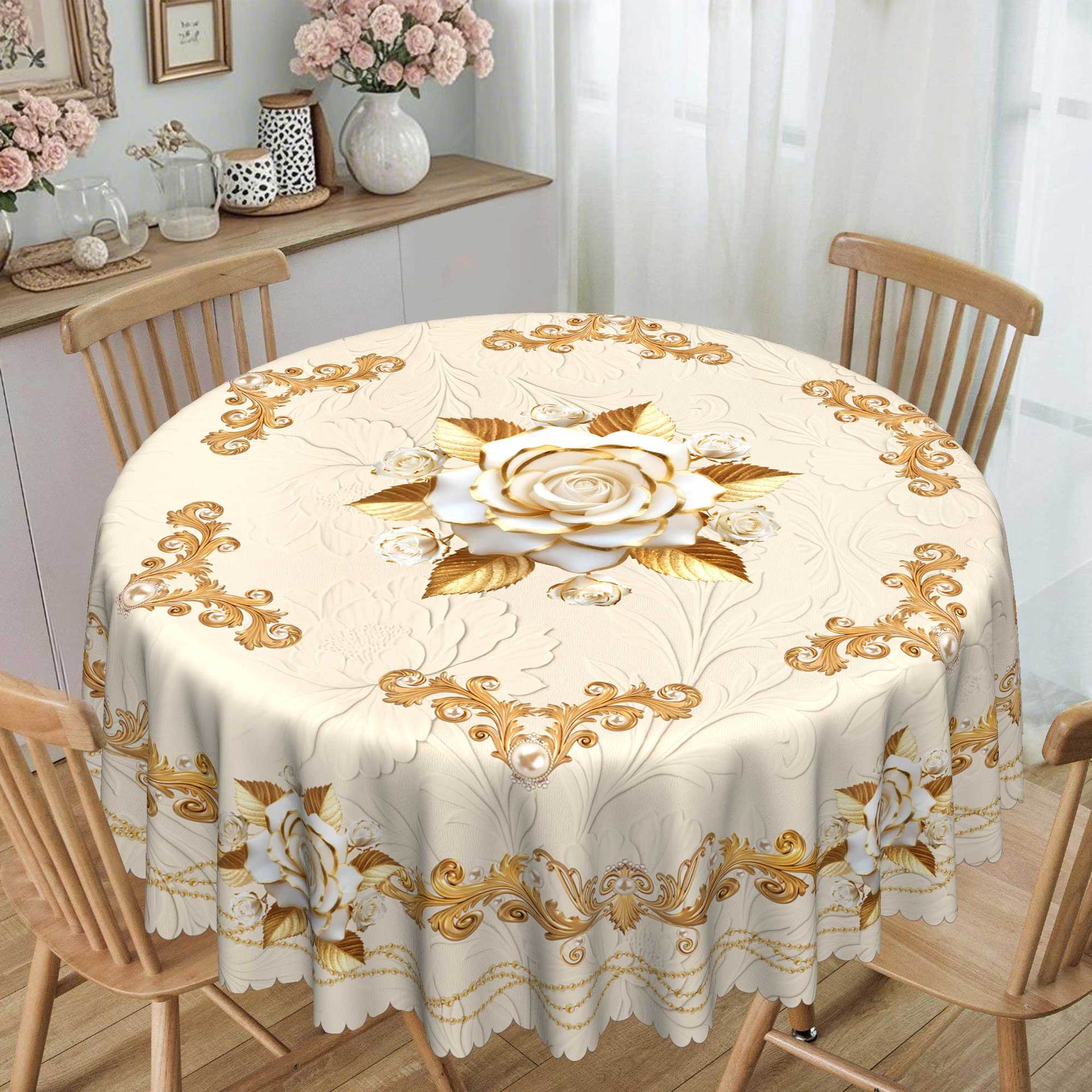 High-end Tablecloth Rose Motif With Gold Foil Embossing Waterproof