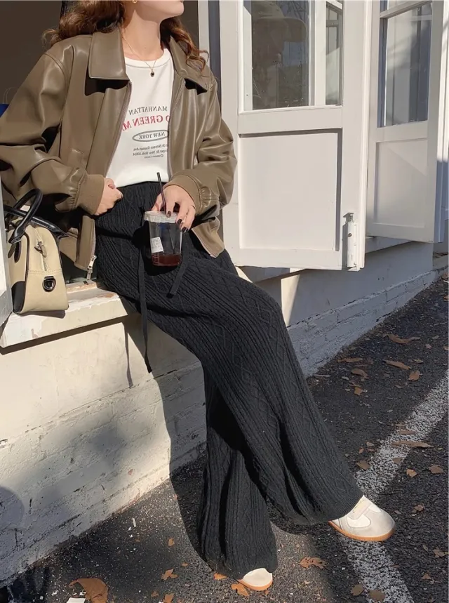 Womens Retro Cable Knit Knit Floor Length Wide Leg Straight Pants Black - Shop at LoveMi