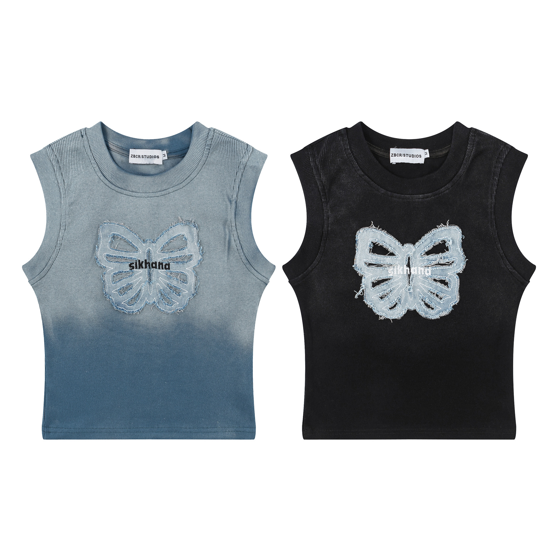 American Street Gradient Washed Butterfly Affixed Cloth Embroidered Vest