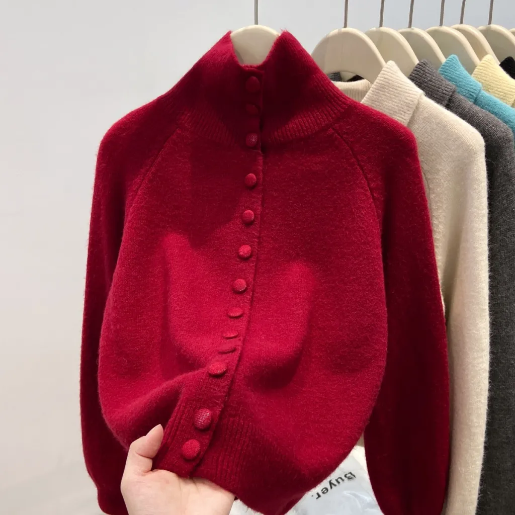 Women's Turtleneck Single-breasted Cardigan Loose And Lazy Style Knitted Sweater - Red
