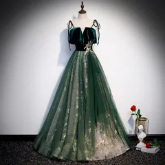 Banquet Sling Temperament Long Dress Dark Green Fantasy Mori - Dark Green - View 1
