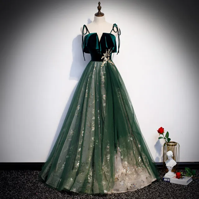 Banquet Sling Temperament Long Dress Dark Green Fantasy Mori Dark Green - Shop at LoveMi