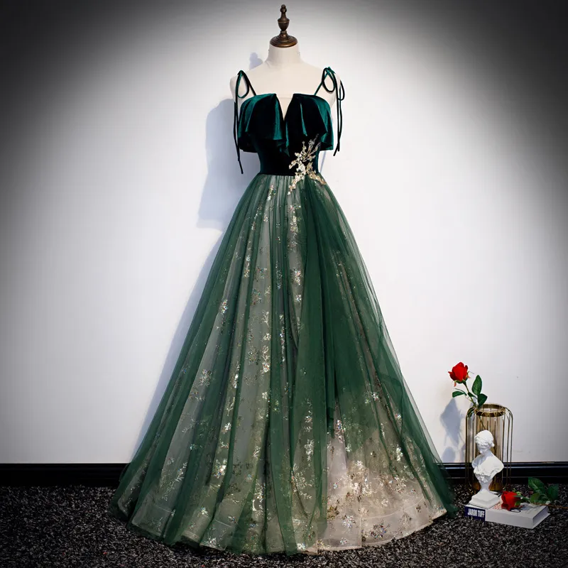 Banquet Sling Temperament Long Dress Dark Green Fantasy Mori - Dark Green
