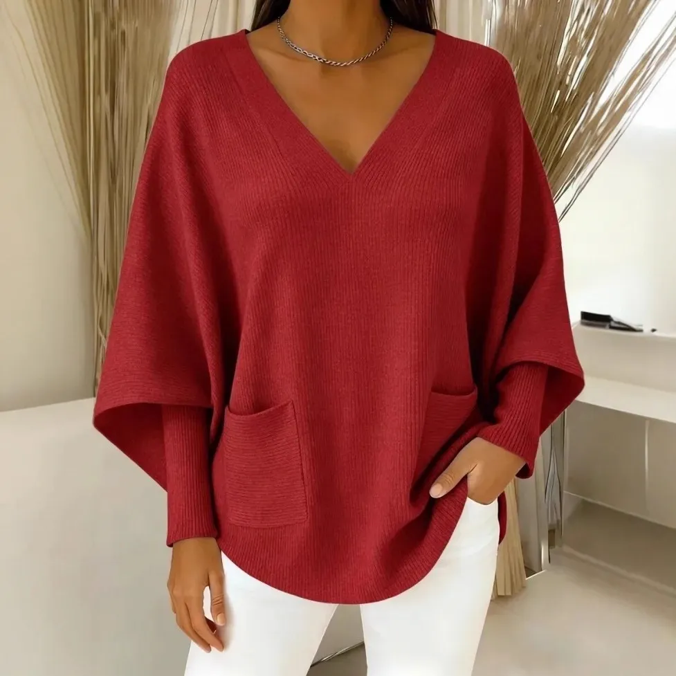 Relaxed Laid-back Soft And Cozy Womens Casual Solid-color V-neck Sweater - Red