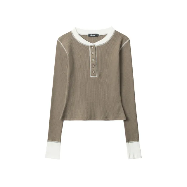 Chic Sweet Style Slim Fit Short False Two piece Patchwork Top Khaki - Shop at LoveMi