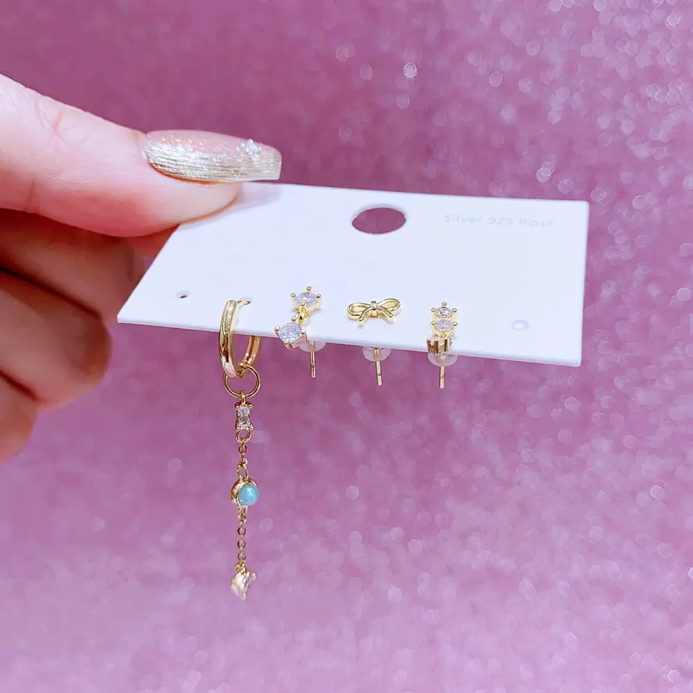 Zircon Ear Studs Earrings 4-piece Copper Plated Gold Simple