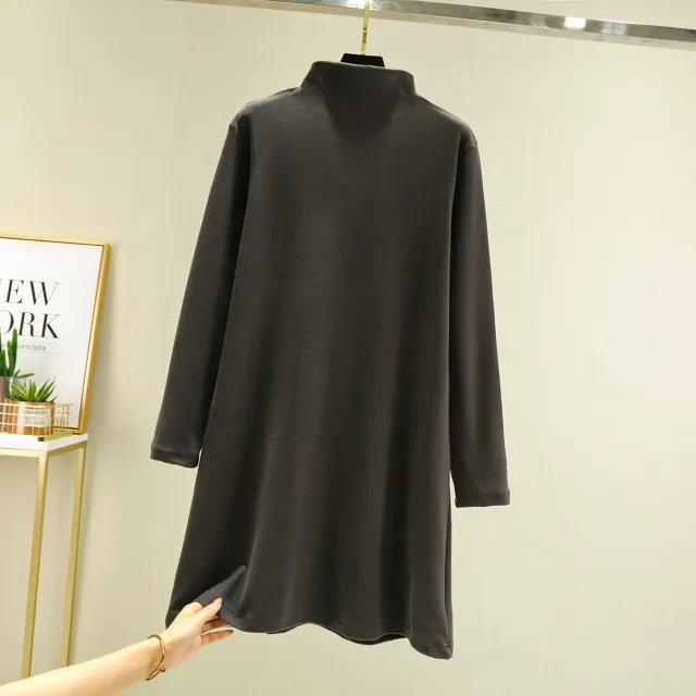 Loose Casual Long Sleeves Half high Collar Inner Match Mid length Dress Dark Gray - Shop at LoveMi