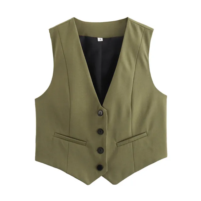 Women's Loose Button Decoration Multi color Versatile Vest Army Green - Shop at LoveMi
