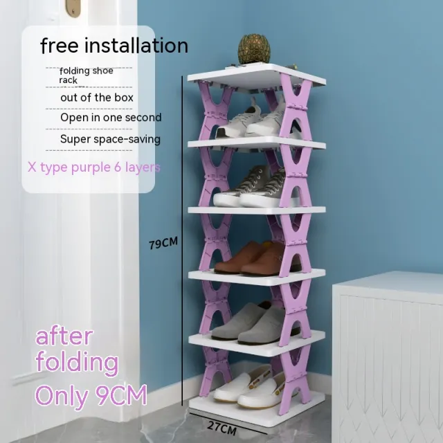 Plastic Installation free Shoe Rack Storage Shoe Rack Folding Shoe Cabinet Purple 6 Layers X Type - Shop at LoveMi