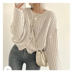 Lazy Solid Colour Top Women's Sweater Coat Loose Round Neck Single Breasted - Apricot - View 1