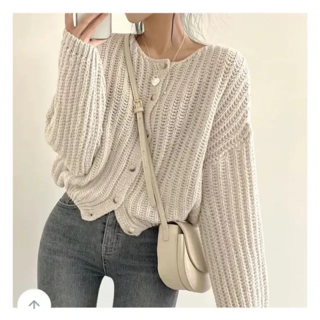 Lazy Solid Color Top Women's Sweater Coat Loose Round Neck Single Breasted Apricot - Shop at LoveMi