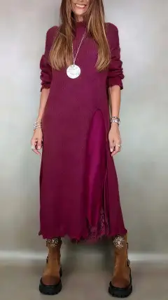 Autumn Lace Sling Slit Woolen Skirt Two-piece Set - Wine - View 1