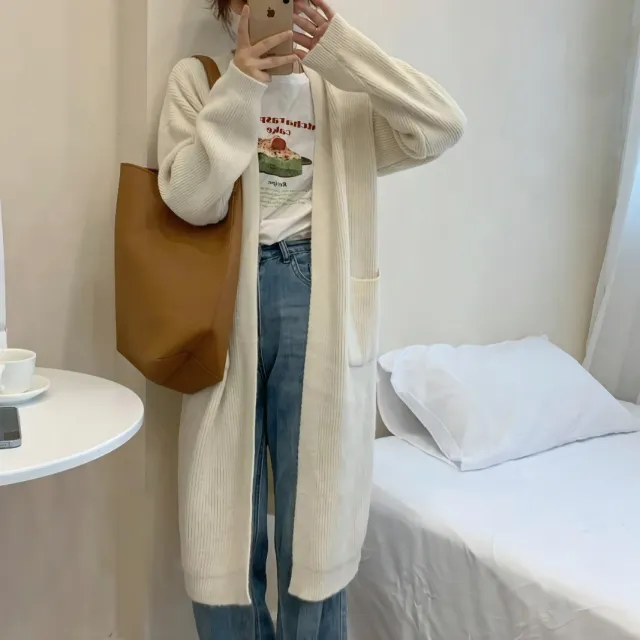 Autumn And Winter Korean Style Lazy Wind Coat Long Sweater Coat White - Shop at LoveMi